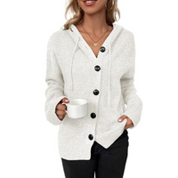 Cardigan chaud beige clair à capuche, boutons noirs, manches longues