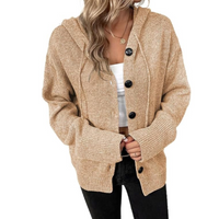 Cardigan chaud à capuche beige, boutons noirs, manches longues