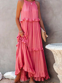 Robe longue rose corail avec volants à étages, dos nu à attaches fines