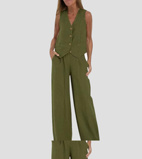 Ensemble gilet boutonné vert olive sans manches, col V, boutons, pantalon large