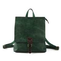 Sac à dos rétro en cuir vert foncé, rabat avant avec boucle et bretelles réglables