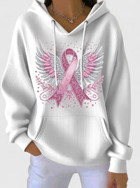 Sweat à capuche blanc avec impression ruban rose et ailes, cordons blancs