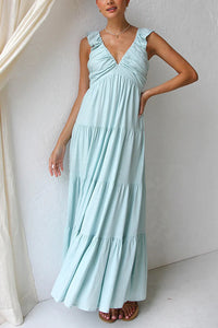 Robe longue bleu ciel à volants étagés, décolleté V, bretelles volantées, sans manches