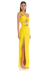 Robe longue jaune à une épaule, bretelle nouée et ouverture sur la jambe