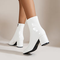 Bottines blanches vernies à talon carré, bout pointu, fermeture éclair