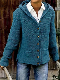 Cardigan à capuche bleu à boutons, manches longues, poches plaquées