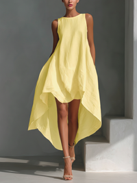 Robe midi sans manches jaune citron, coupe évasée et ourlets drapés