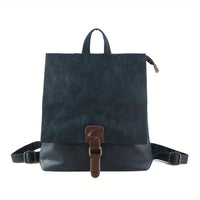 Sac à dos rétro en cuir bleu profond, rabat avec boucle et bretelles