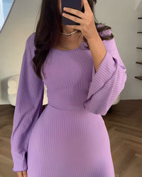 Robe longue en maille côtelée lilas, manches longues, encolure ronde
