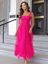Robe de cérémonie rose fuchsia à bretelles, dentelle transparente en tulle