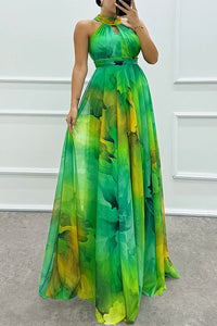 Robe longue multicolore vert et jaune, ceinture, col haut sans manches