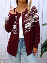 Cardigan bordeaux à motif géométrique blanc, coupe droite, boutonné devant