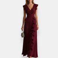 Robe évasée de cérémonie rouge bordeaux, décolleté V, volants décoratifs sur la jupe