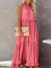 Robe Ilona dos nu à volants, rose, encolure élastiquée et volants superposés
