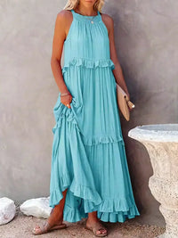Robe sans manches bleu turquoise à volants échelonnés, coupe ample