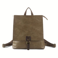 Sac à dos rétro en cuir kaki, rabat avant avec boucle et bretelles