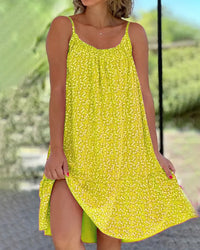 Robe midi à bretelles fines jaune à imprimé fleuri, encolure carrée et fente latérale