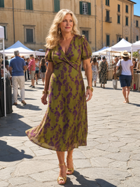 Robe midi cache-cœur à imprimé floral, manches bouffantes, jupe mi-longue vert olive et violet.