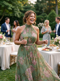 Robe midi vert sauge froncée à encolure haute, fleurs roses, tissu léger fluide.