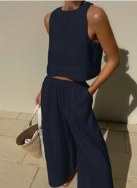 Ensemble 2 pièces bleu marine : débardeur sans manches et pantalon ample à taille élastique