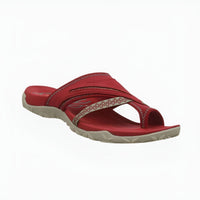 Sandales ergonomiques Jade™ rouges, lanière rouge à motif beige et semelle crantée