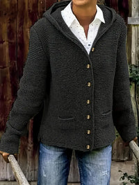 Cardigan à capuche noir à boutons, manches longues, poches plaquées