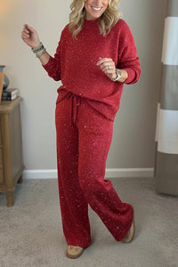Ensemble décontracté rouge à paillettes : pull manches 3/4 et pantalon long ample