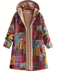 Veste imprimée bohème multicolore, capuche doublée fausse fourrure beige