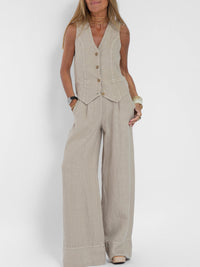 Ensemble gilet boutonné et pantalon ample ivoire, sans manches à col en V