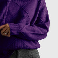 Col roulé violet en maille à motif géométrique, gros plan sur le col et les côtes