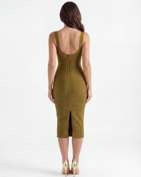 Robe midi vert olive vue de dos, bretelles fines, fermeture centrale visible.