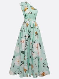 Robe longue trapèze vert clair, imprimé fleurs, une épaule asymétrique, ceinture