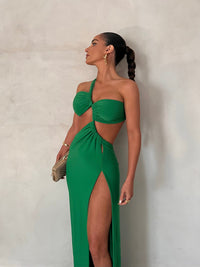 Robe longue de plage verte, dos dégagé avec nœud central, fente haute