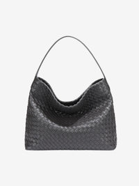 Sac cabas noir tressé, ouvert, poignées courtes, anses arrondies