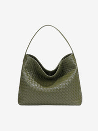 Sac cabas vert olive tressé, ouvert, poignées courtes, forme hobo