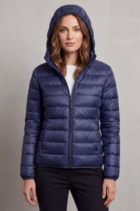 Doudoune pliable à capuche bleu foncé, zip central, manches longues matelassées.