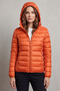 Doudoune à capuche orange, zip central, matelassage uniforme, capuche ajustée, manches longues.