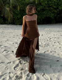 Robe longue bustier marron chocolat, dos nu, jupe évasée et fente latérale.