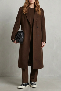 Manteau long marron à motif chevrons, col tailleur et boutonnage discret