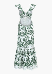 Robe longue verte à encolure carrée, volants d’épaules et jupe à étages motif baroque
