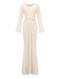 Robe longue ivoire unie, manches longues, ceinture nouée et jupe fluide