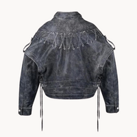 Veste en cuir noire rétro vue dos, lacets et franges, col montant