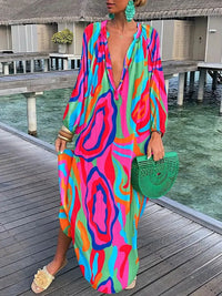 Robe longue à col en V multicolore à motif abstrait, manches longues amples.