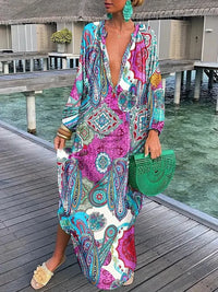 Robe longue à col en V multicolore à motif cachemire, manches longues amples.