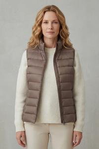 Doudoune sans manches matelassée marron taupe, zip frontal, col montant