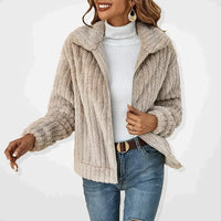 Gilet décontracté bouclé beige clair, col châle et zip sur le devant
