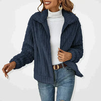 Gilet décontracté bleu marine à texture bouclette, col châle et fermeture zippée
