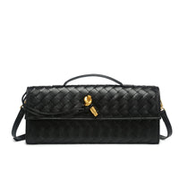 Sac tressé noir avec rabat, fermeture dorée en forme de clé, bandoulière