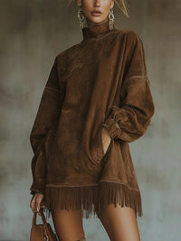 Robe col roulé suède marron, manches bouffantes longues, ourlet à franges