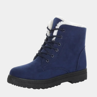 Bottes antidérapantes femme bleues à lacets, col fourré blanc, semelle crantée